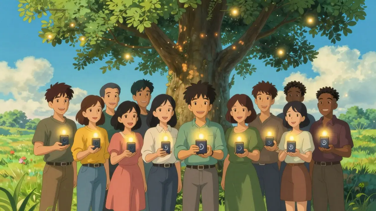 People holding secure hardware wallets under a protective glowing tree
