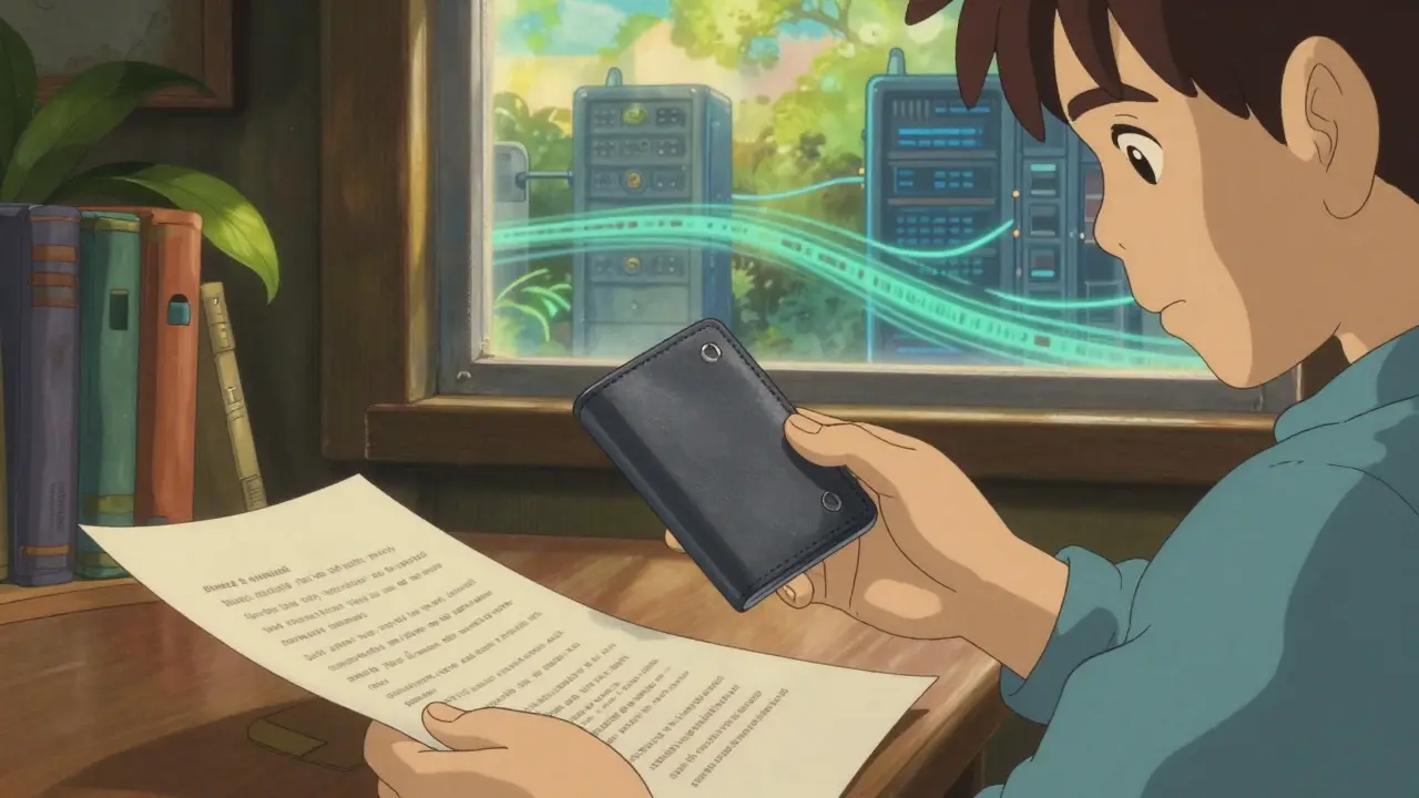Person securing crypto assets in wallet while reviewing documents