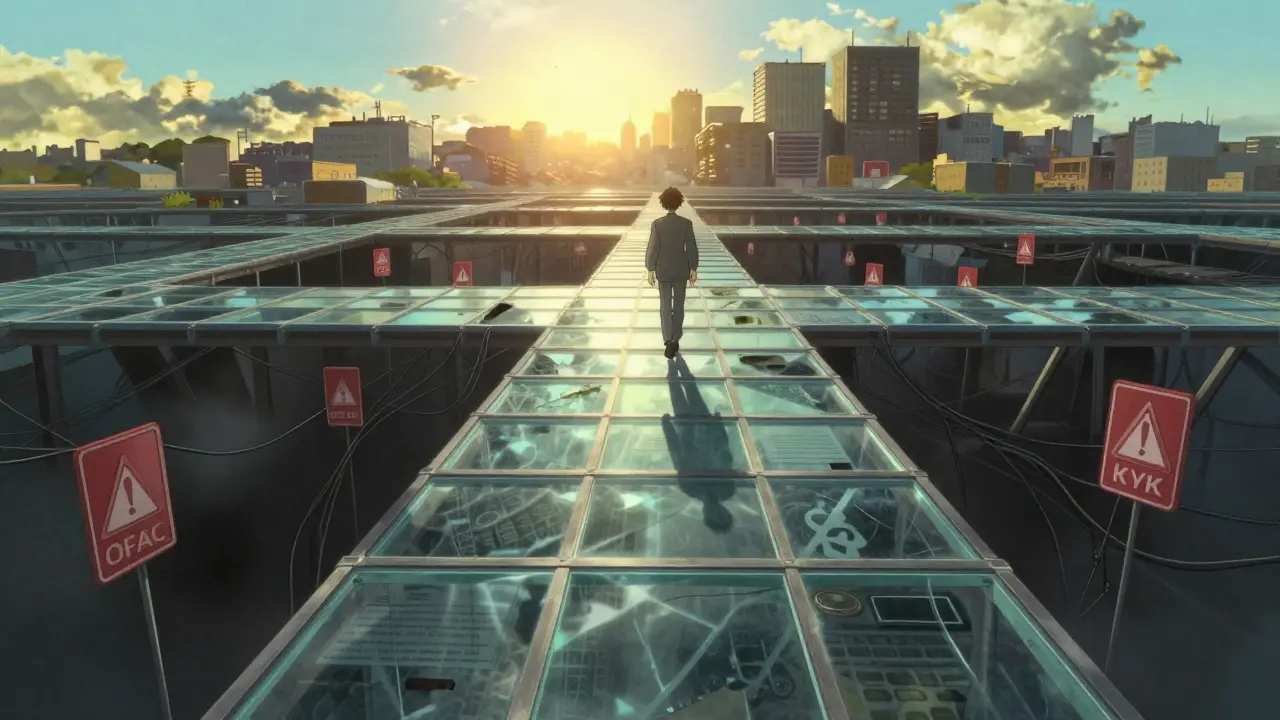 Person walking on fragile bridge over compliance warnings