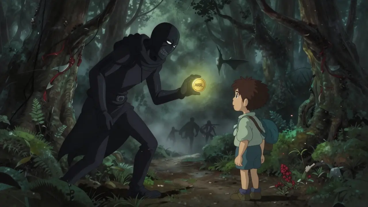Shadowy figure offering a fake glowing coin to a traveler in a dark forest