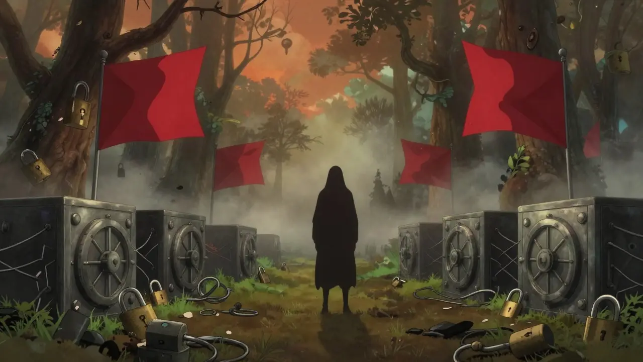 Surreal landscape with shadows and broken locks symbolizing crypto scams