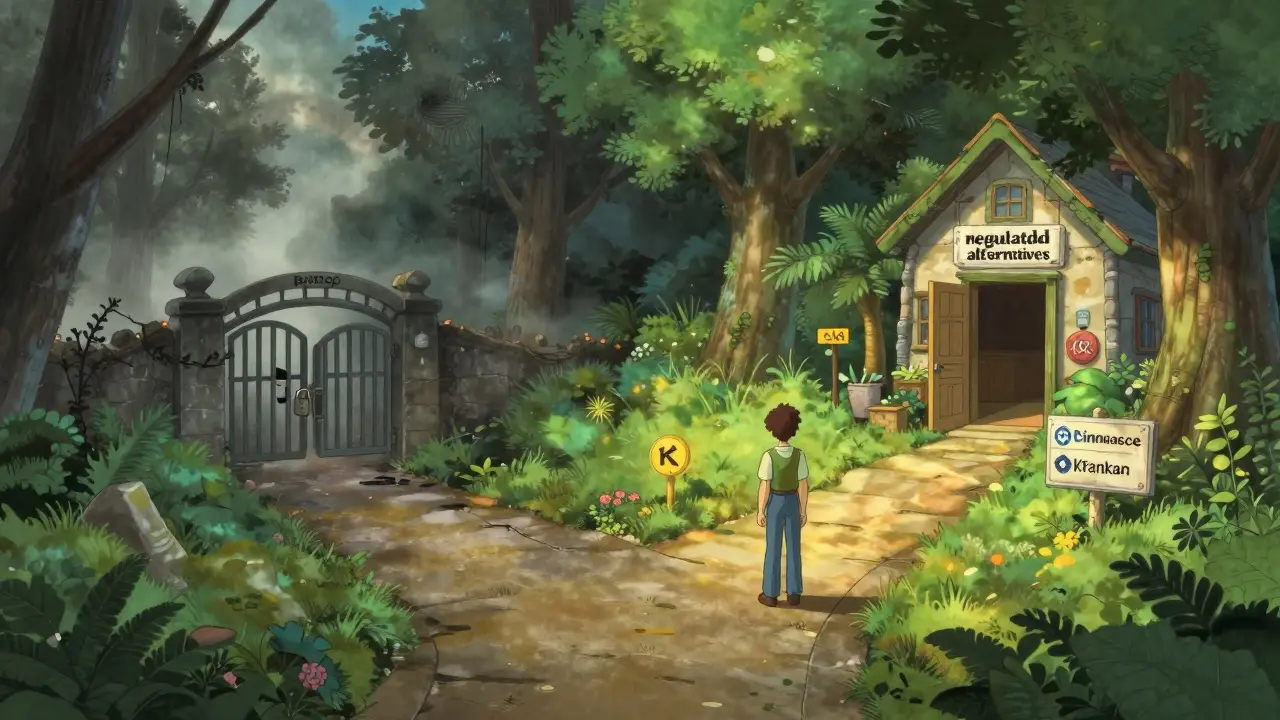 Traveler choosing a safe, sunny path over a foggy, locked dead end.