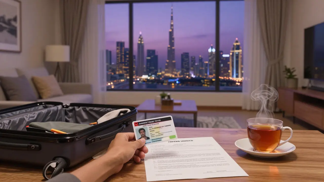 Traveler unpacking visa docs in a cozy Dubai apartment with city view