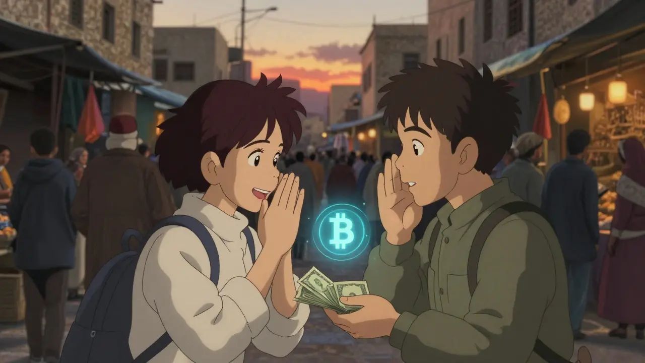 Two people trading crypto for cash in a busy Damascus street