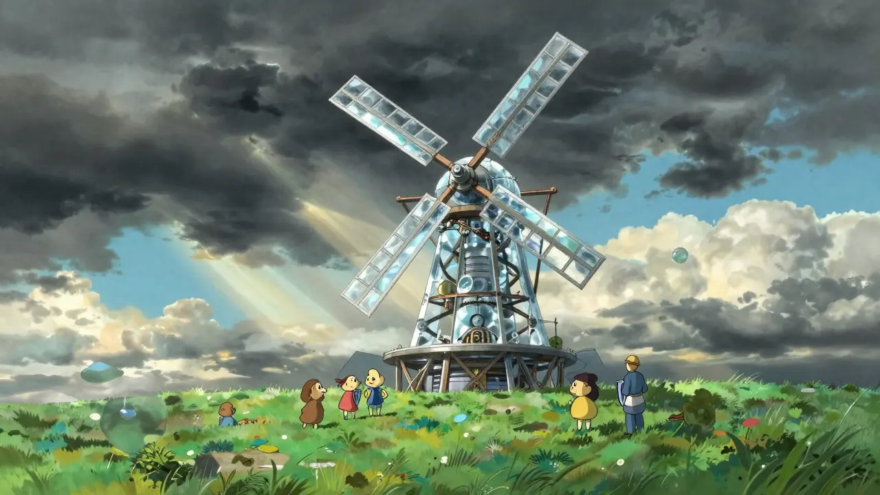 Whimsical crystal windmill spinning in a Ghibli landscape
