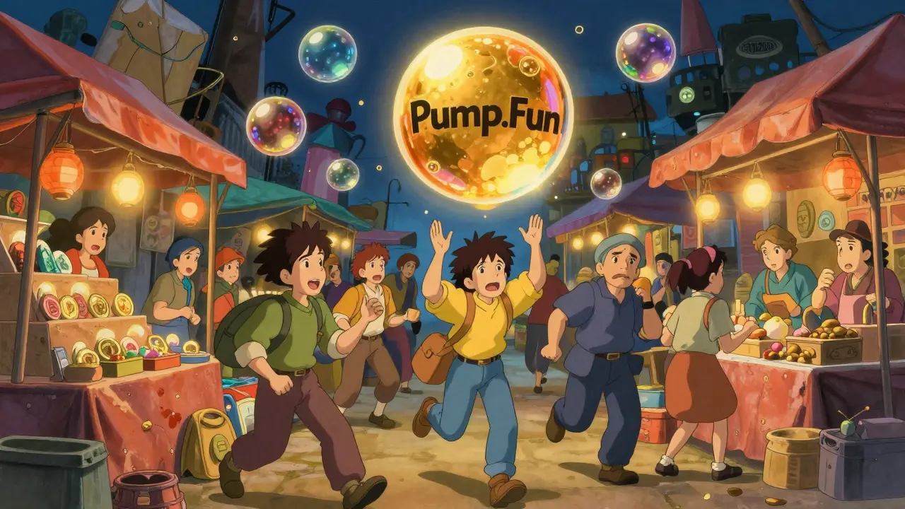 Whimsical marketplace with popping bubbles representing volatile crypto trading