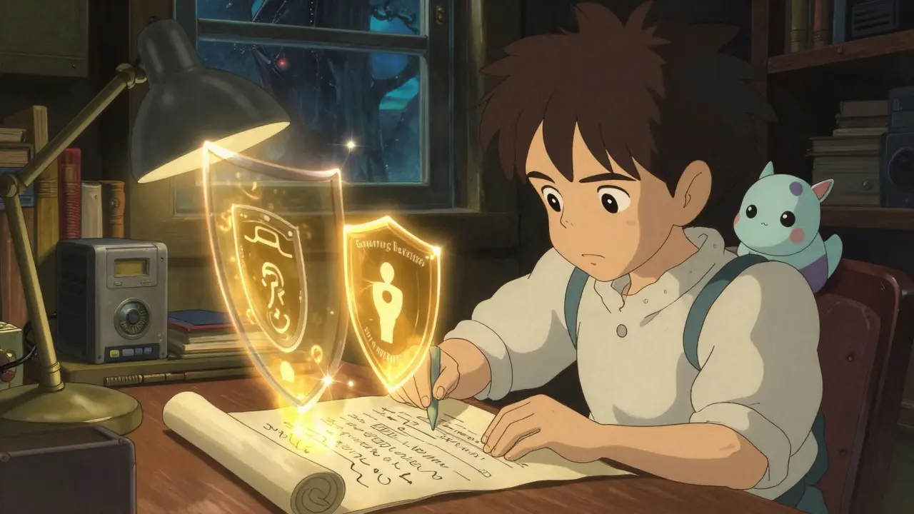 Young person studying blockchain security scrolls in a cozy room