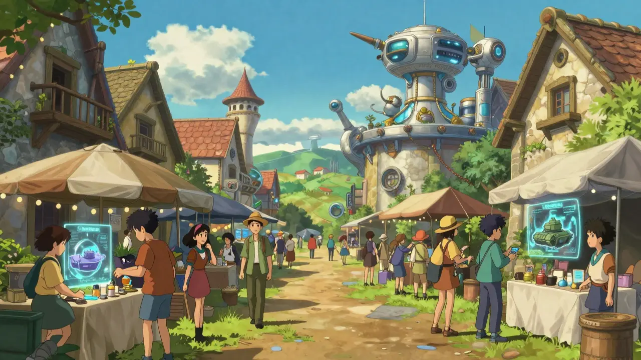 A bustling fantasy marketplace where players trade holographic tank NFTs.