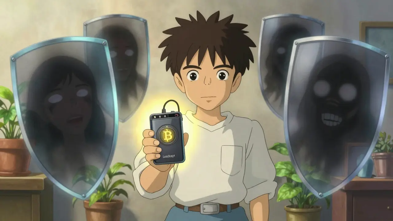 A confident character holds a glowing hardware wallet amulet that repels dark, shadowy phishing threats. Surrounded by lush indoor plants and warm light, the scene emphasizes security, protection, and peace of mind in managing cryptocurrency assets.