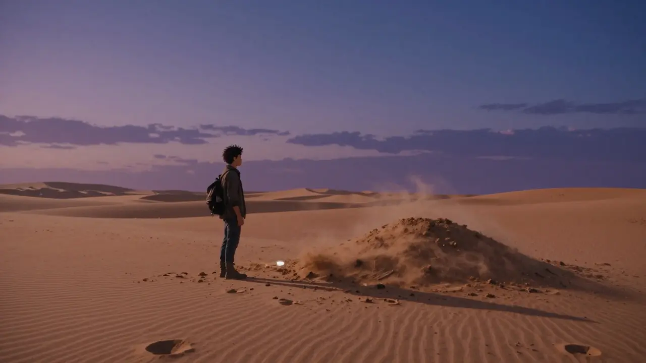 A lone traveler watching a pile of dust blow away in a twilight desert, symbolizing low value and liquidity in Ghibli art.
