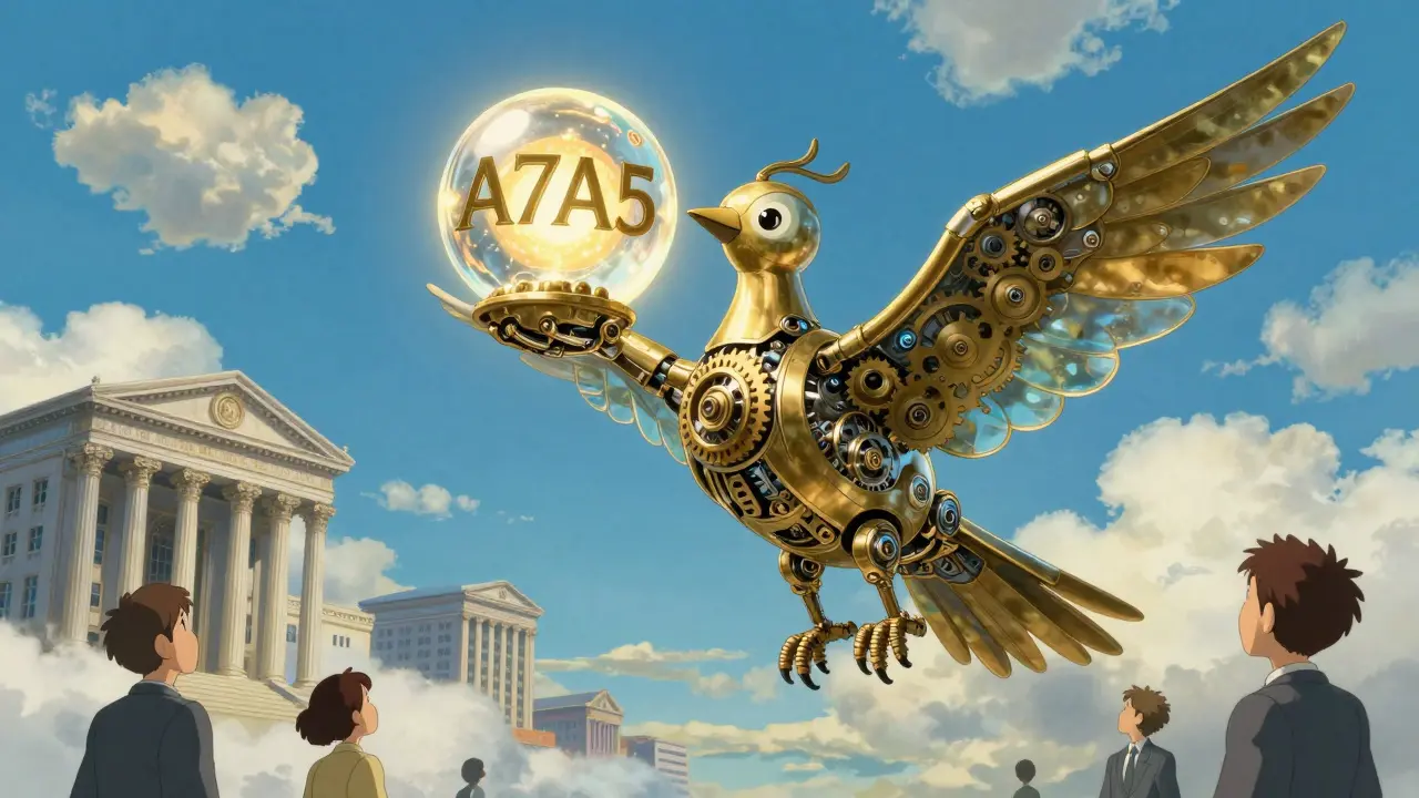 A majestic mechanical bird carrying a glowing A7A5 token flies over a cityscape of cloud-shaped banks. This whimsical image symbolizes secure, sanction-free business transactions, blending steampunk elements with Studio Ghibli's signature serene and innovative visual style.