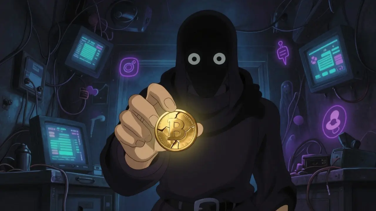 A shadowy figure offering a cracked golden coin in a dark, tech-filled room, illustrating crypto scam risks in anime style.