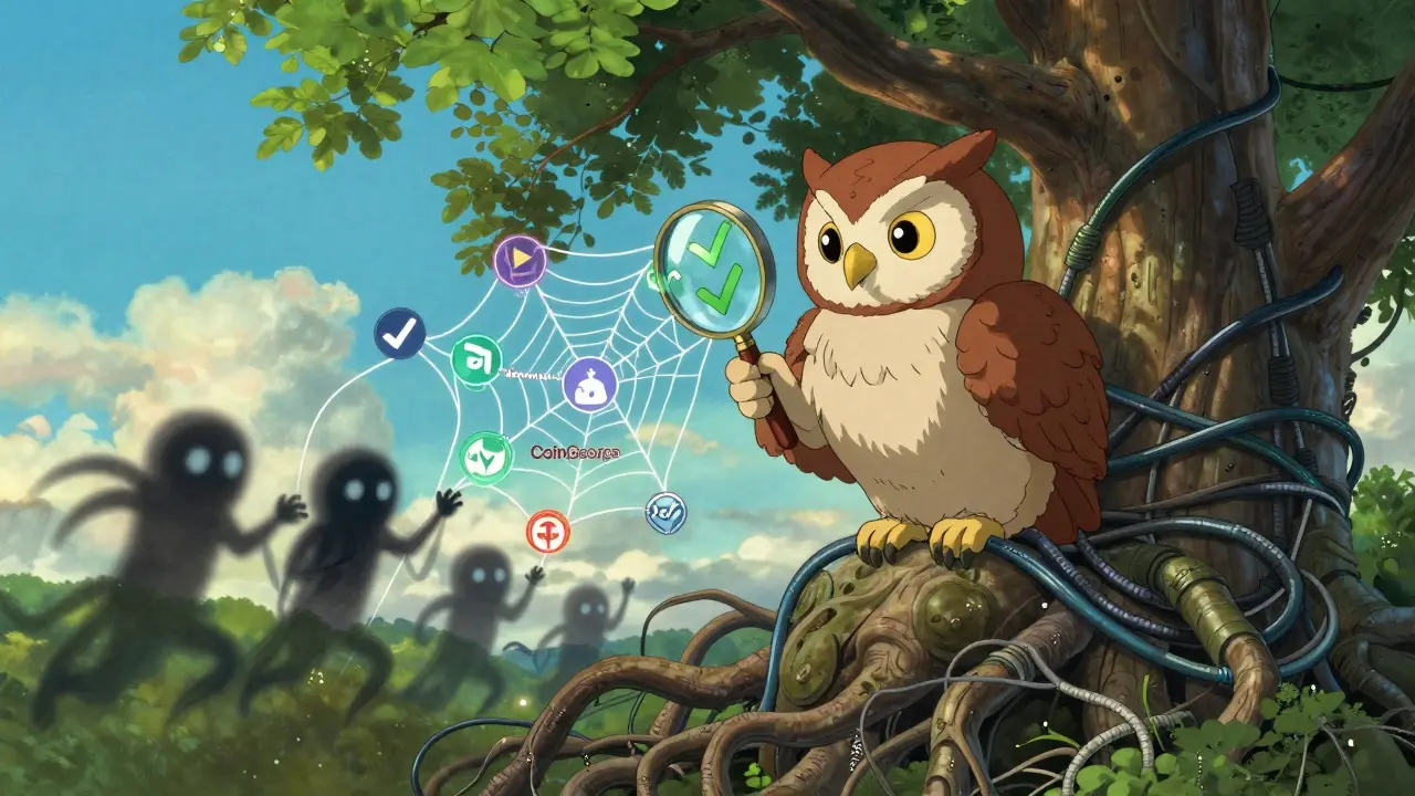 A wise owl guardian checking for scams in a vibrant, safe digital forest.