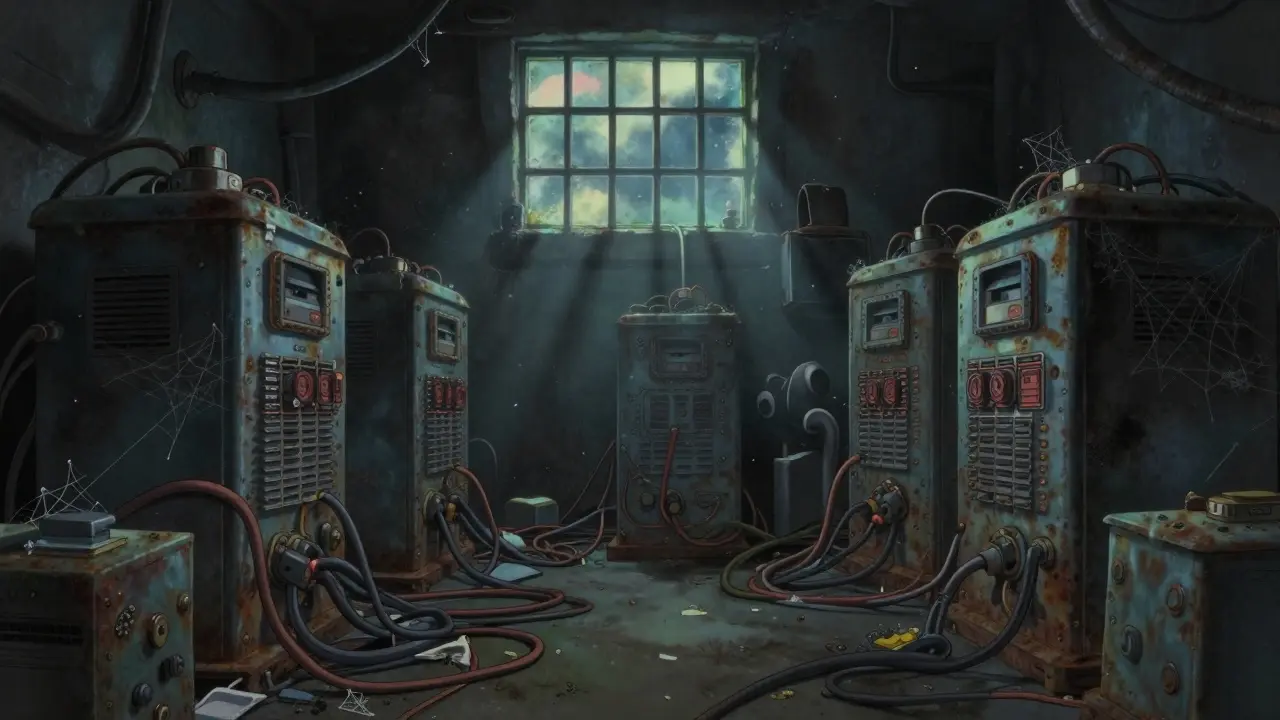 Abandoned crypto mining rigs in a dusty, dimly lit basement.
