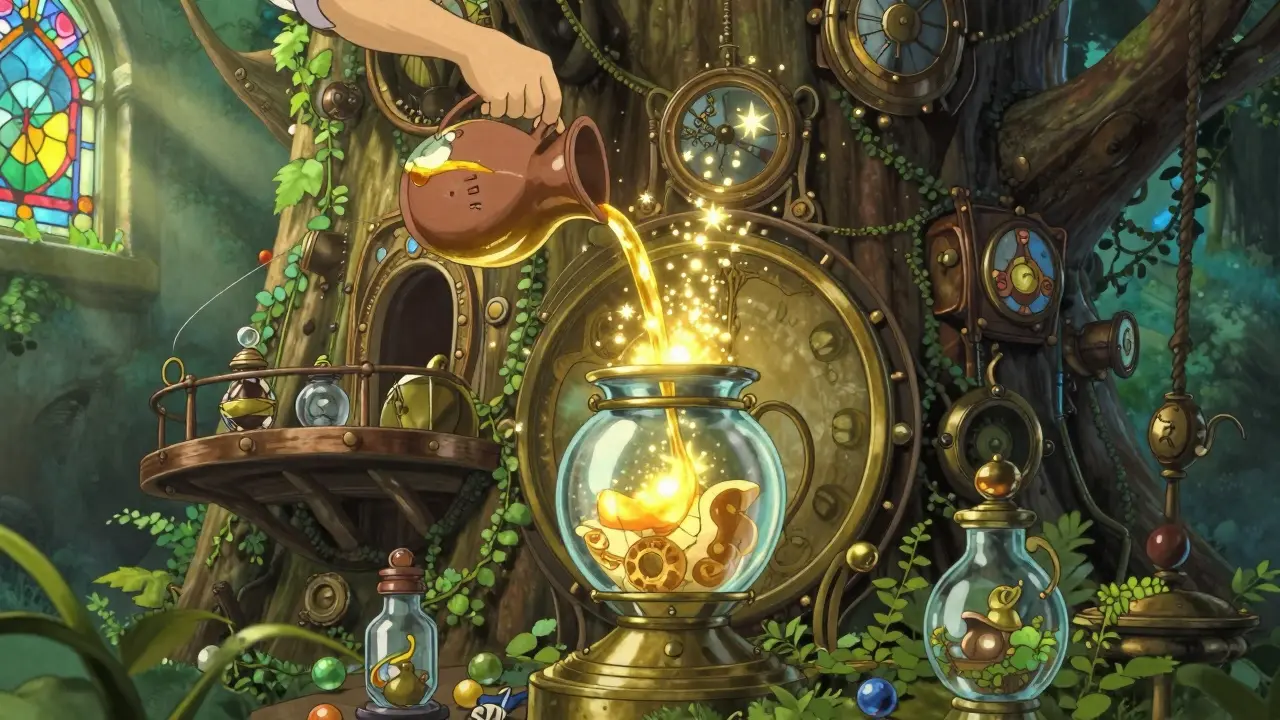 Alchemist transforming gold liquid into star particles in a Ghibli workshop