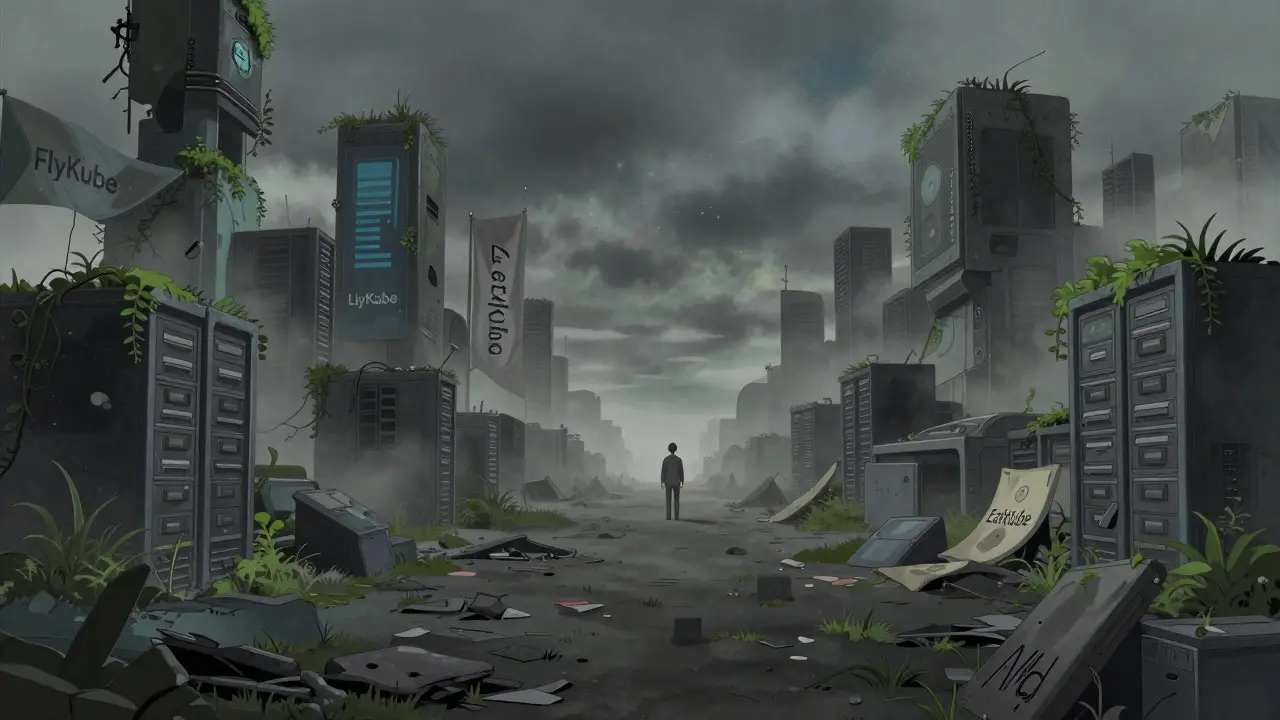 An abandoned, overgrown digital marketplace representing a dead crypto project.