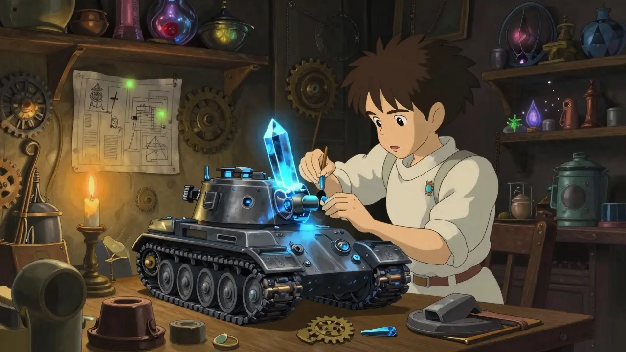 An anime character crafting a tank part with glowing crystals in a warm workshop.