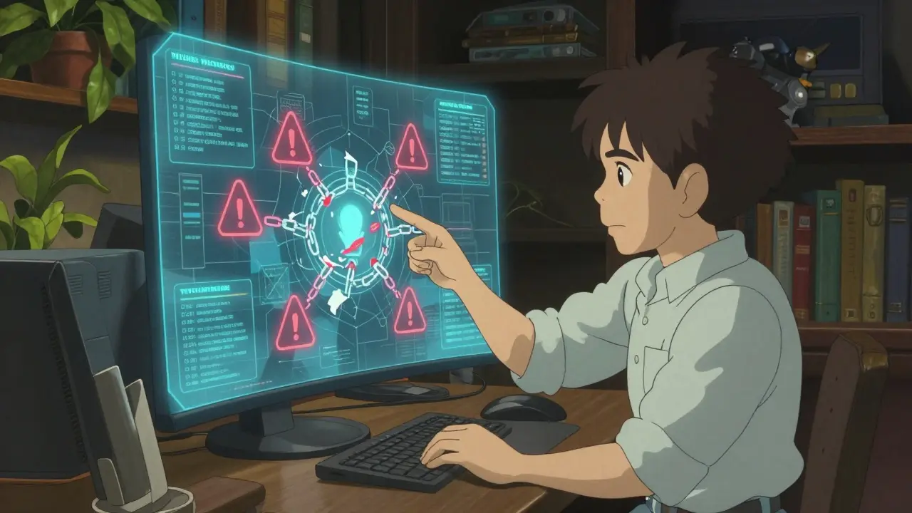 Anime expert analyzing holographic blockchain data revealing scam warnings