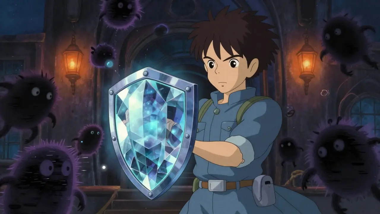 Anime hero shielding against shadowy scam creatures in a digital realm