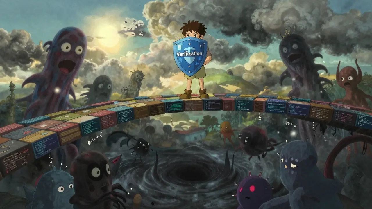Anime-style figure standing on a code bridge above shadowy digital threats