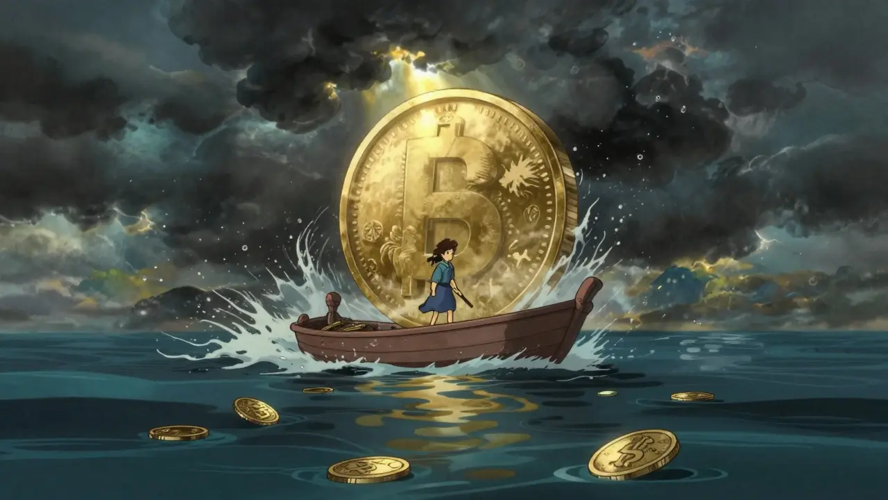 Boat navigating turbulent waters representing crypto volatility in anime style