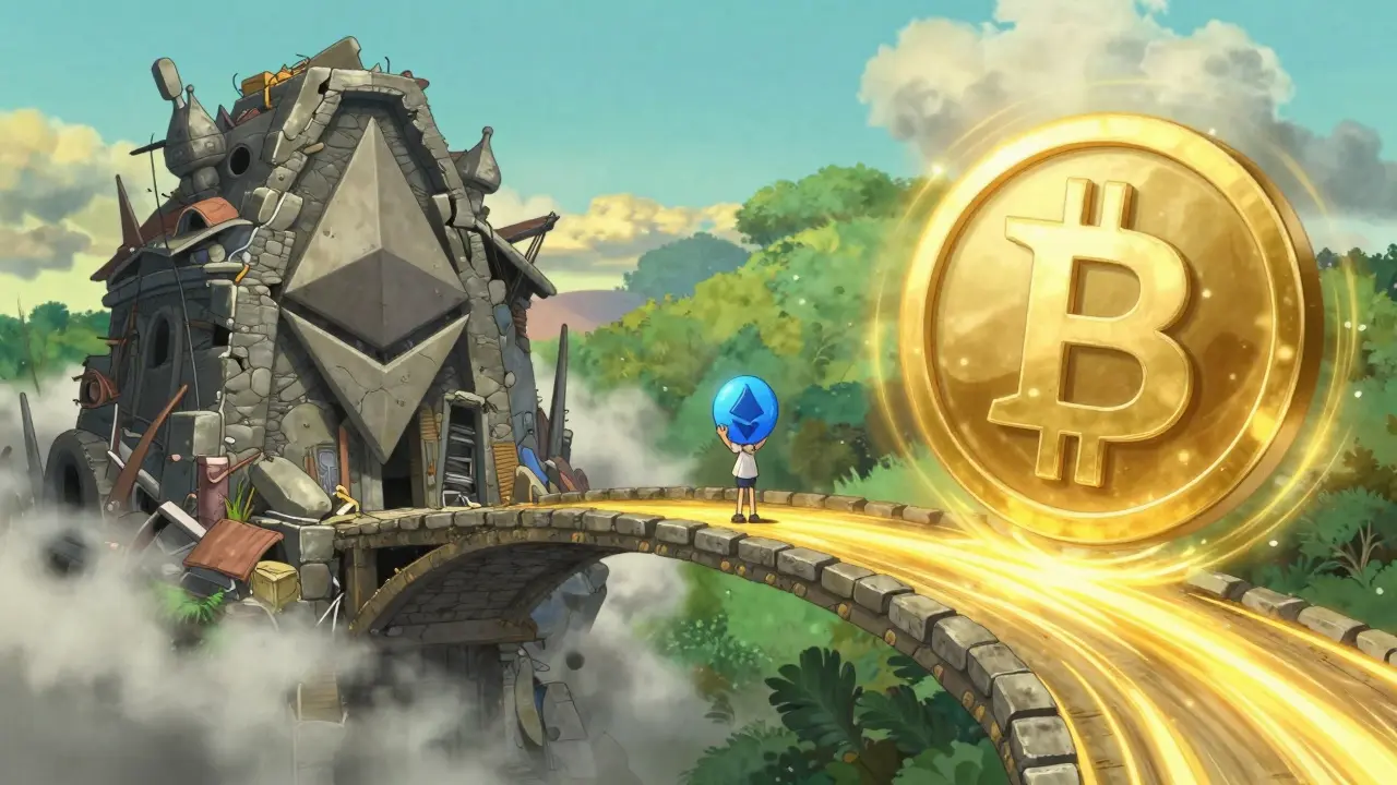 Character crossing bridge from old Ethereum world to new BNB Chain in anime style