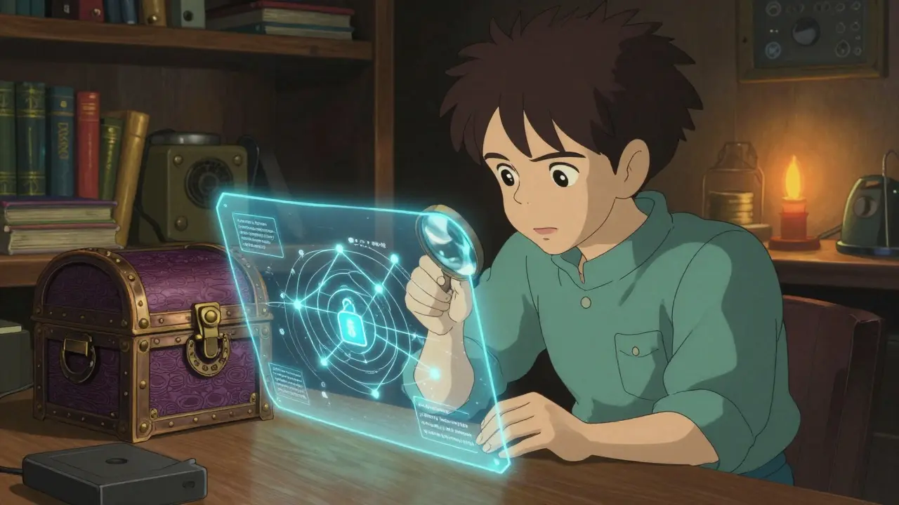 Character verifying blockchain data with a magnifying glass