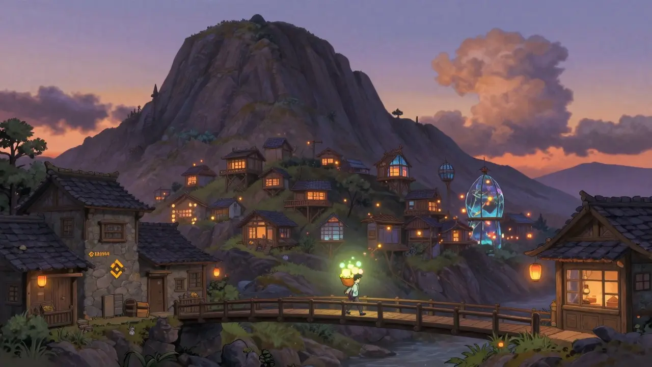 Character walking a bridge between stone and glass villages in Ghibli style