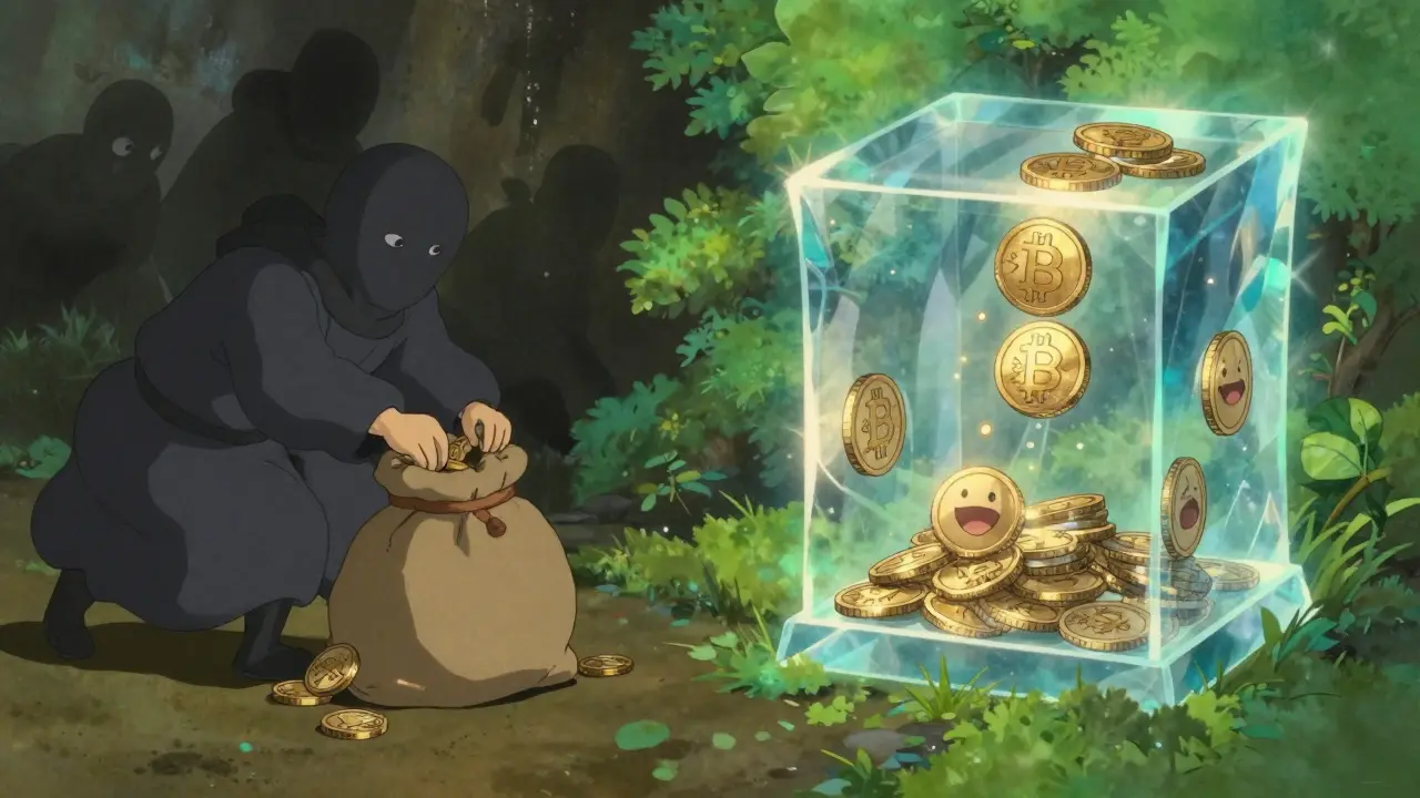 Conceptual art showing blockchain transparency vs corruption in anime style