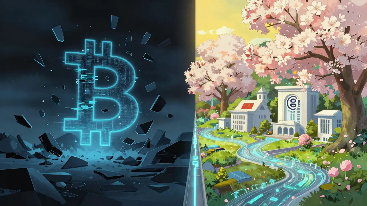 Contrast between chaotic banned crypto and orderly digital yuan garden.