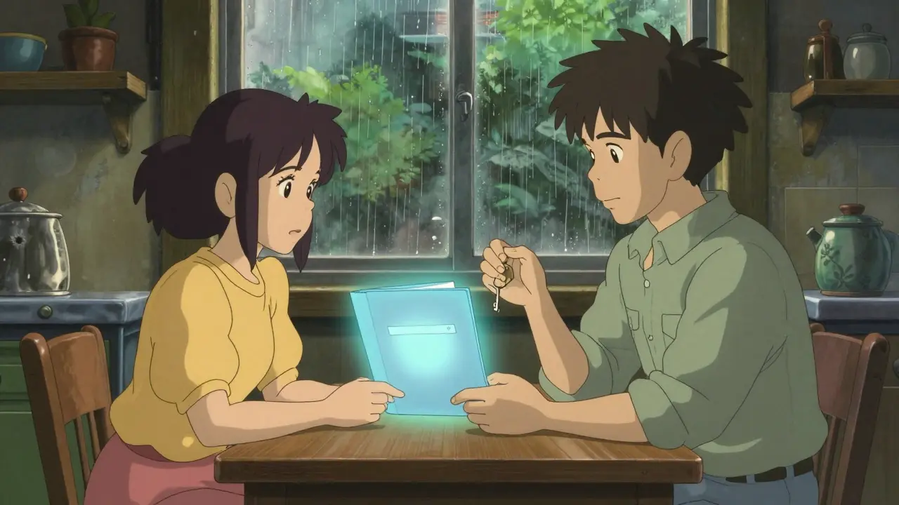 Couple sharing a glowing secure folder at a kitchen table during a rainy evening.