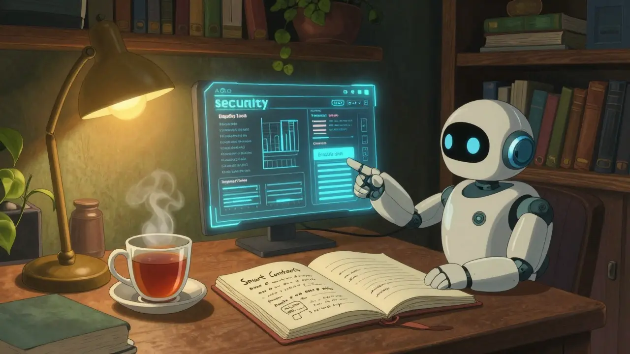 Cozy desk with robot assistant reviewing security documents, anime style