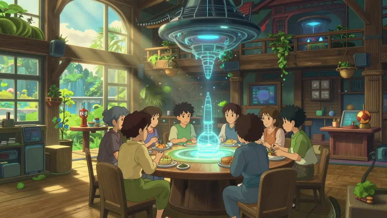 Cozy virtual meeting hall in Ghibli style with characters collaborating around a table
