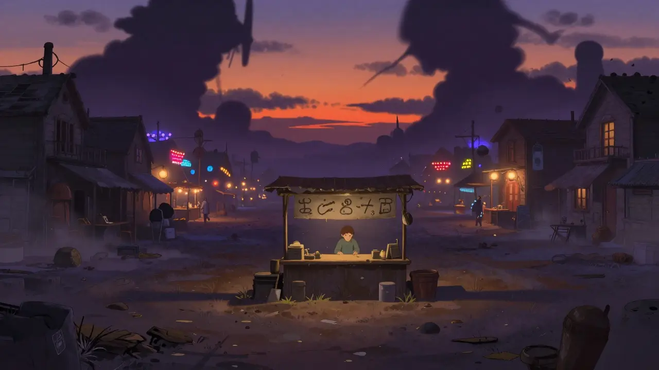Desolate market stall in a ghost town under twilight, contrasting with distant busy markets.
