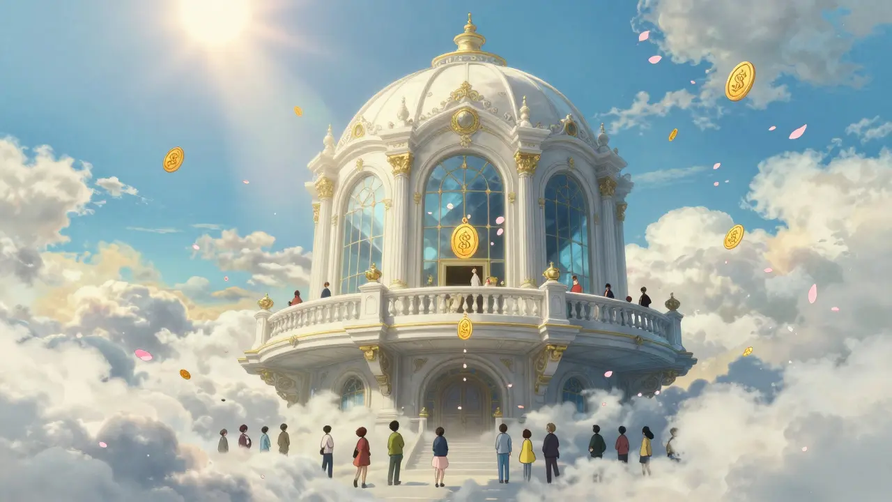 Fantasy auction house in the clouds with golden tokens falling like petals