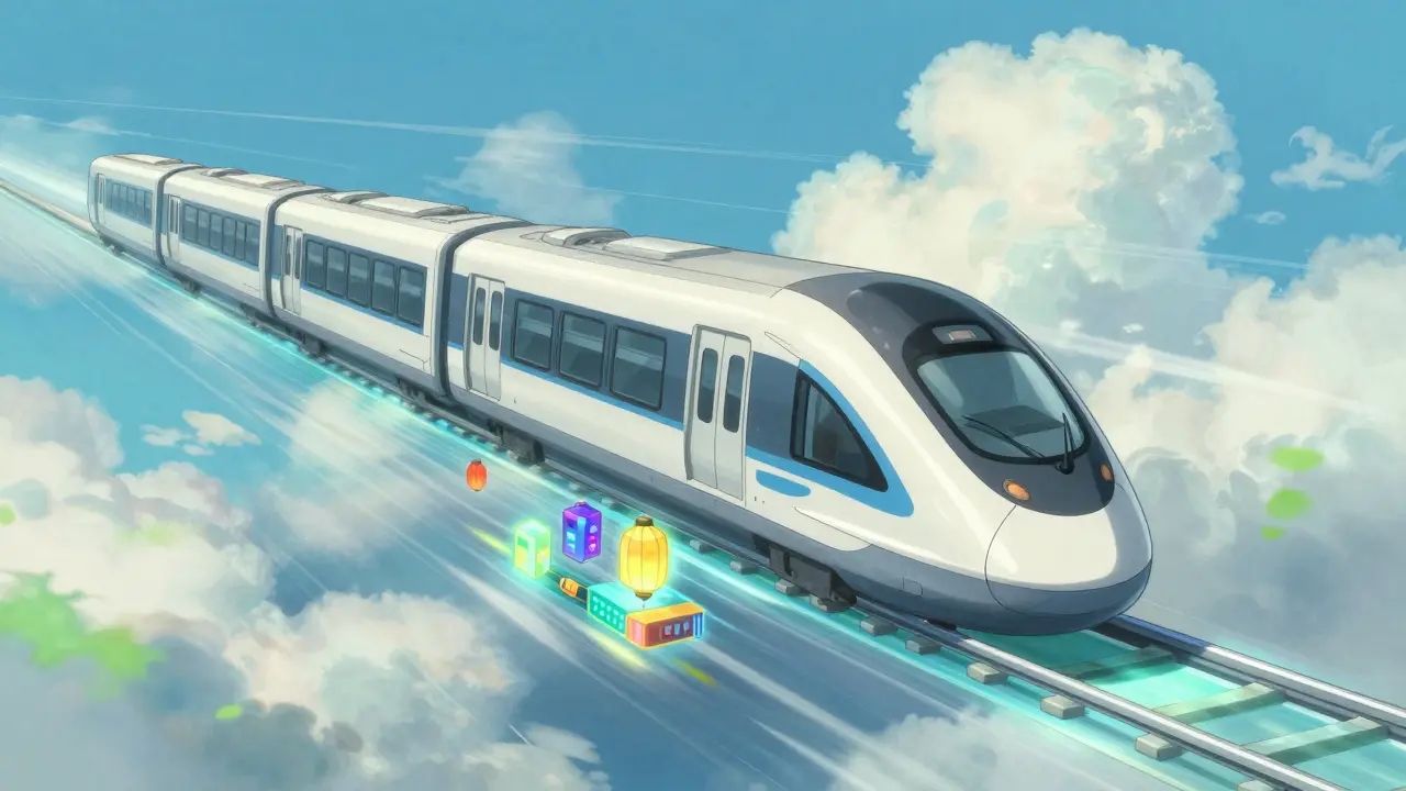 Futuristic sky trains on Solana blockchain carrying data lanterns