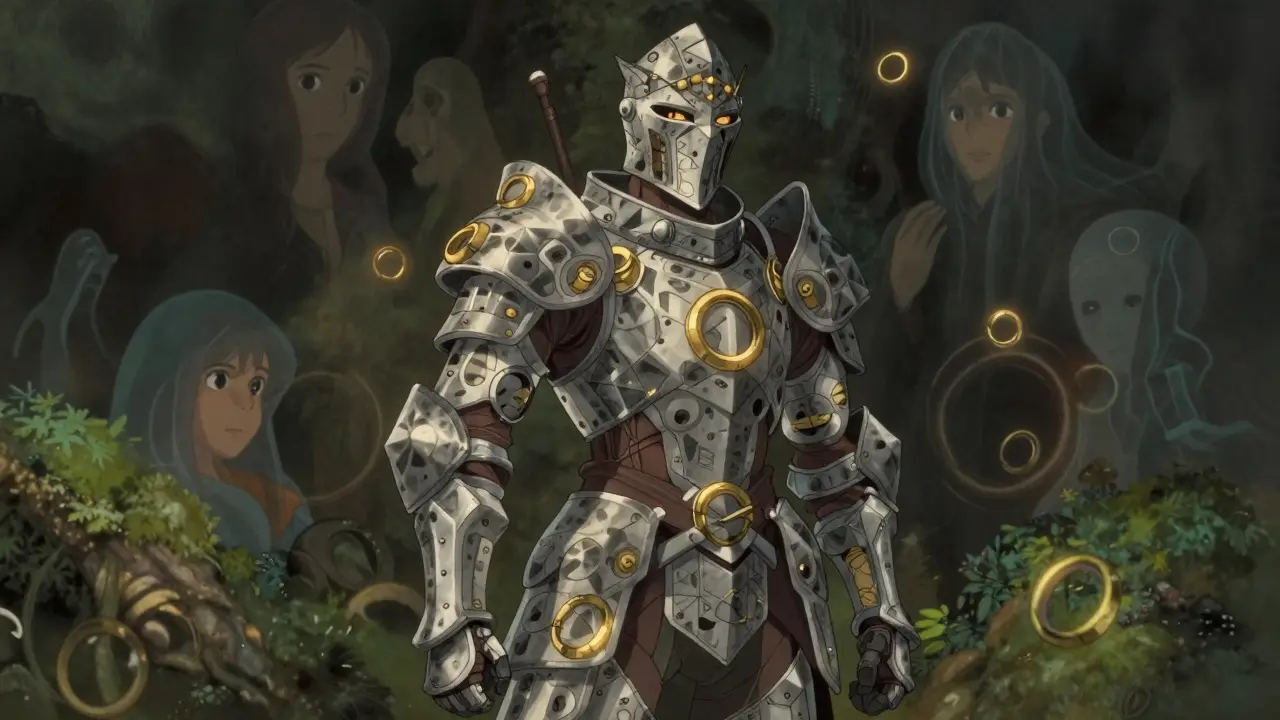 Ghibli-style armored knight made of rings and geometry, defending against shadowy figures, representing Monero.