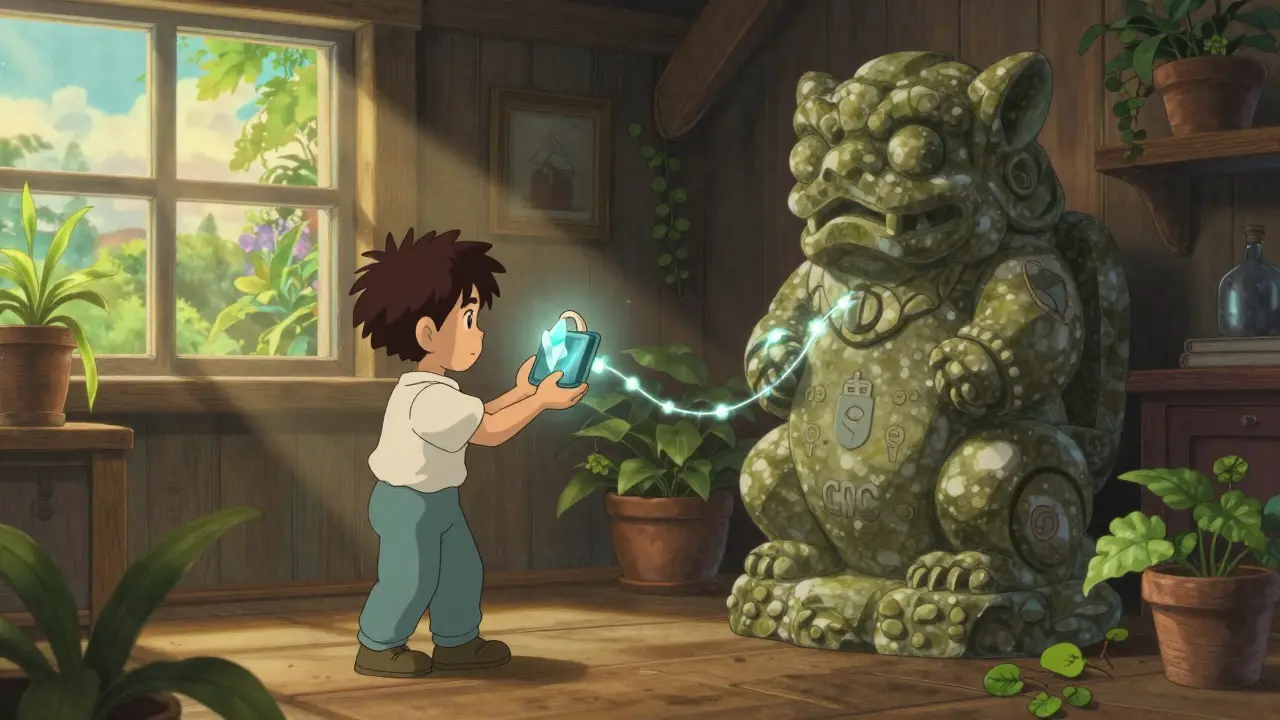 Ghibli style character securing a digital wallet in a cozy, plant-filled room