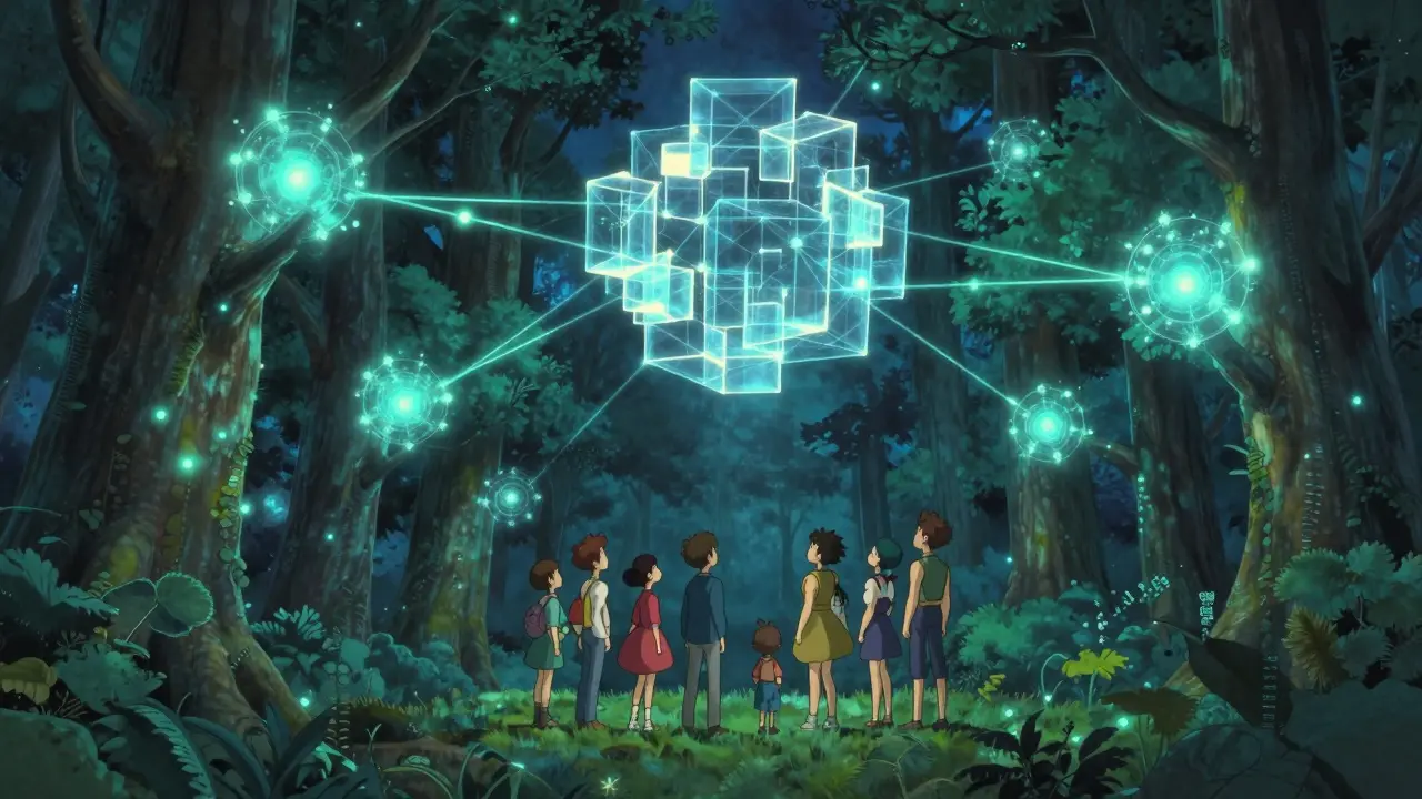 Ghibli-style glowing forest nodes connected by light threads.
