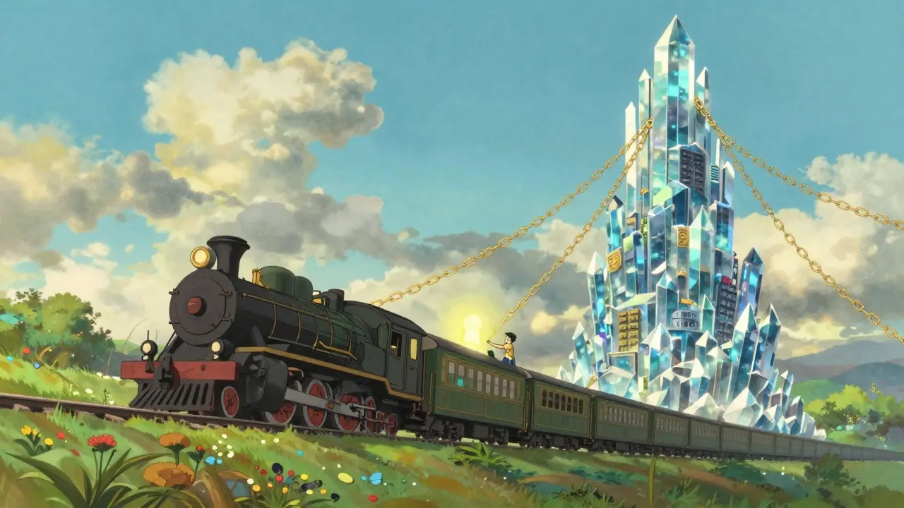 Ghibli-style train and crystal tower linked by a verification bridge.