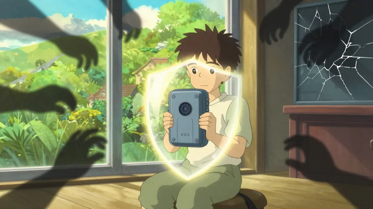 Ghibli-style user protected by hardware wallet against digital threats