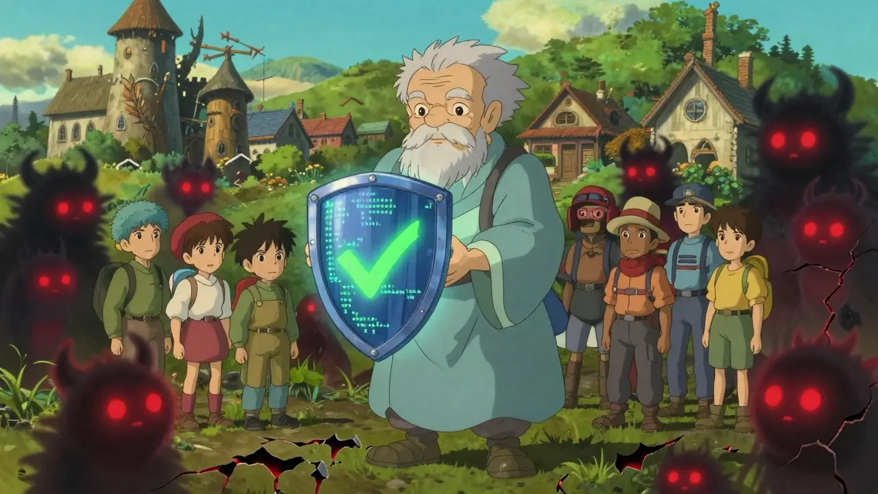 Guardian shielding travelers from shadowy contract monsters in Ghibli style
