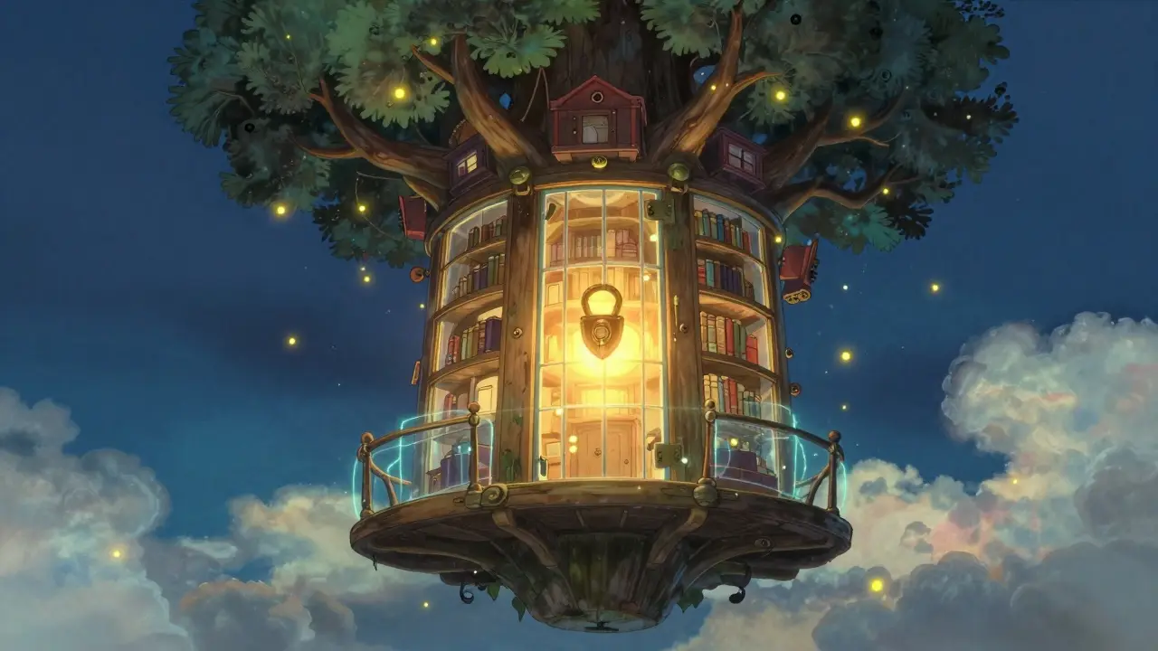 Magical glowing treehouse vault surrounded by fireflies in a starry night sky.
