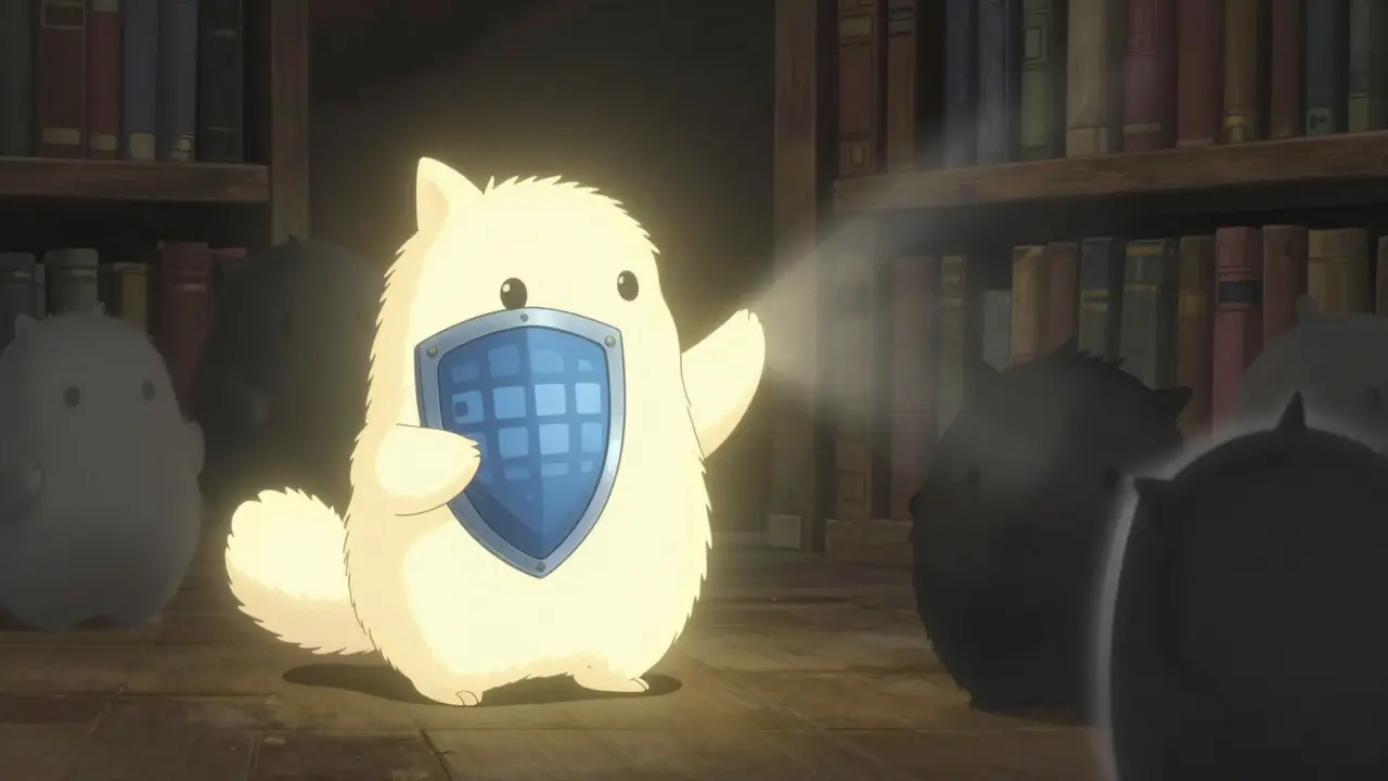 Magical guardian spirit shielding original art from fake AI copies