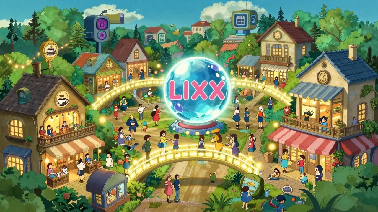 Magical marketplace connecting brands with glowing tokens in anime style