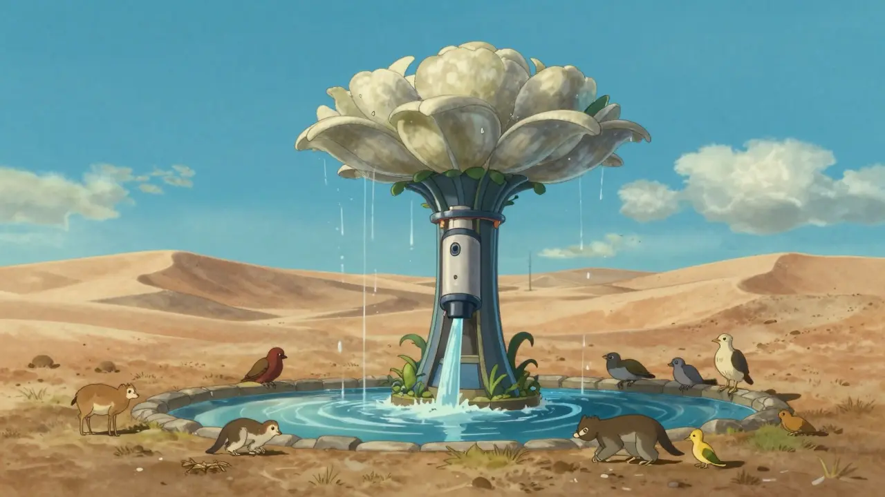 Magical water extraction device creating an oasis in a desert, Ghibli art style