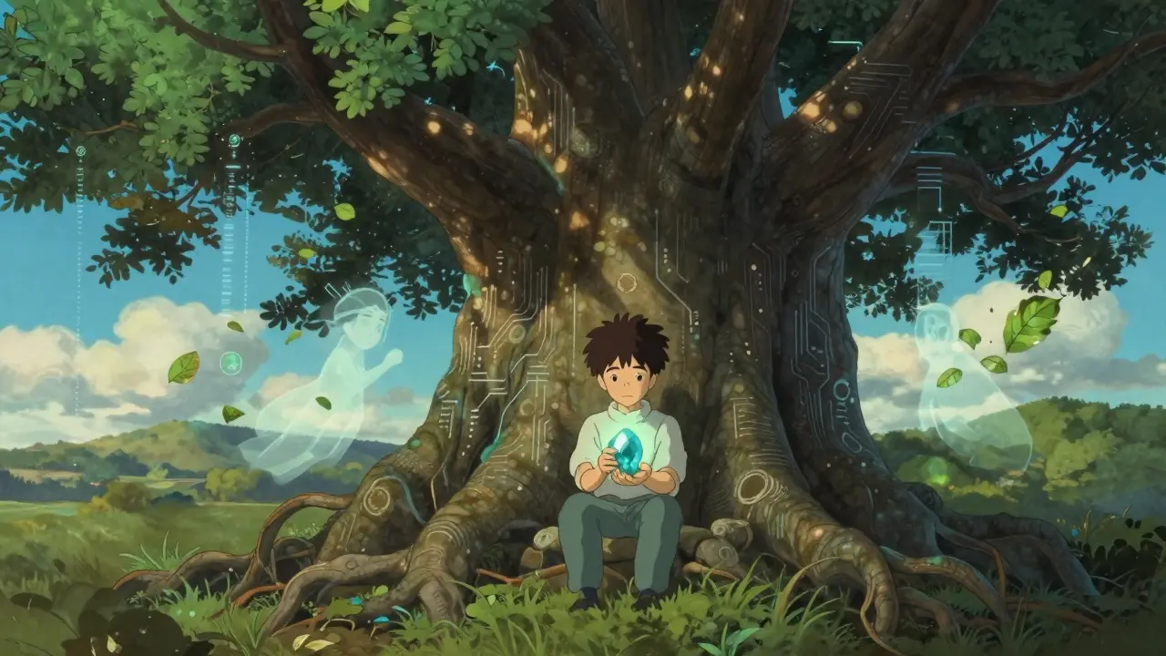 Manga style figure sitting under a tree holding a glowing gemstone token