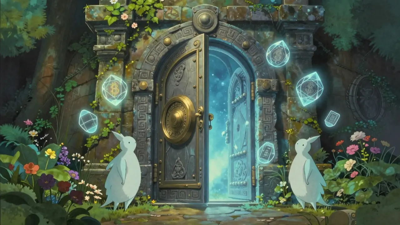 Mystical Ghibli vault guarding floating crypto tokens