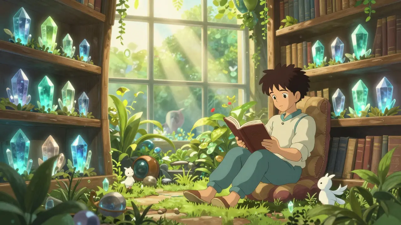Peaceful Ghibli-style library with glowing crystals representing safe assets