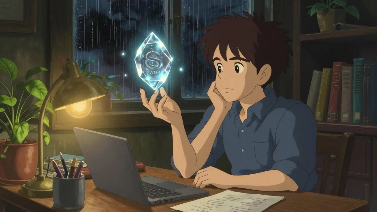 Person contemplating a fragile crypto token crystal in a rainy room, Ghibli style